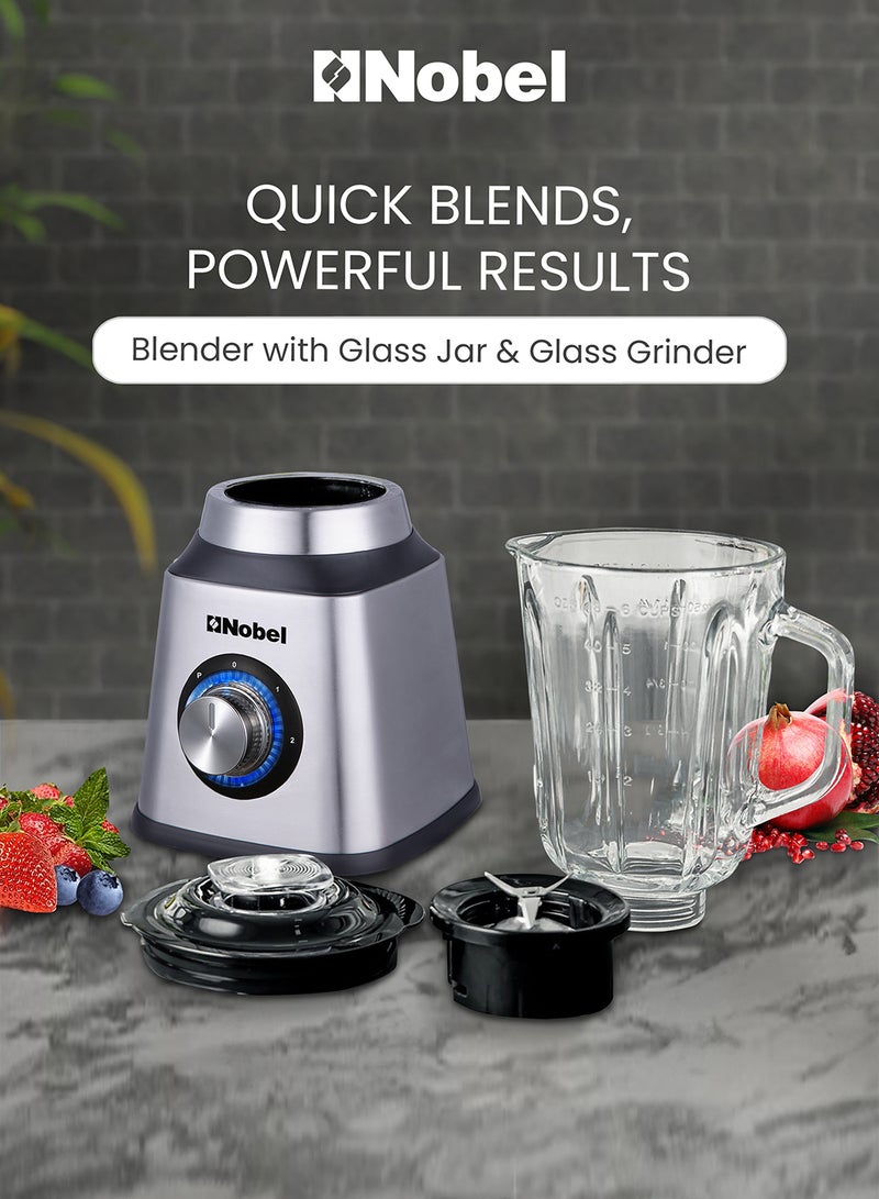 Nobel 2 in 1 Blender & Grinder, Stainless Steel Base, 1.5L Glass Jar & Grinder, 2 Speeds, Overheat Protection, LED Light, Powerful Motor 1.5 L 600 W NB515CRI Silver - Image 4