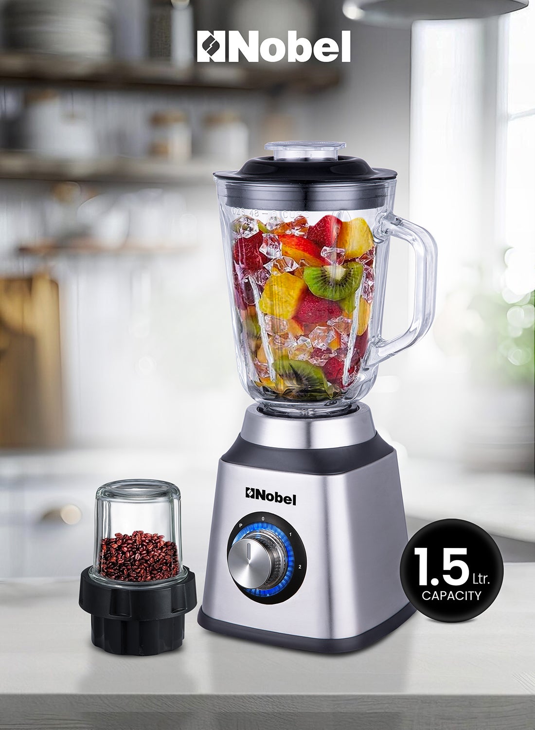 Nobel 2 in 1 Blender & Grinder, Stainless Steel Base, 1.5L Glass Jar & Grinder, 2 Speeds, Overheat Protection, LED Light, Powerful Motor 1.5 L 600 W NB515CRI Silver