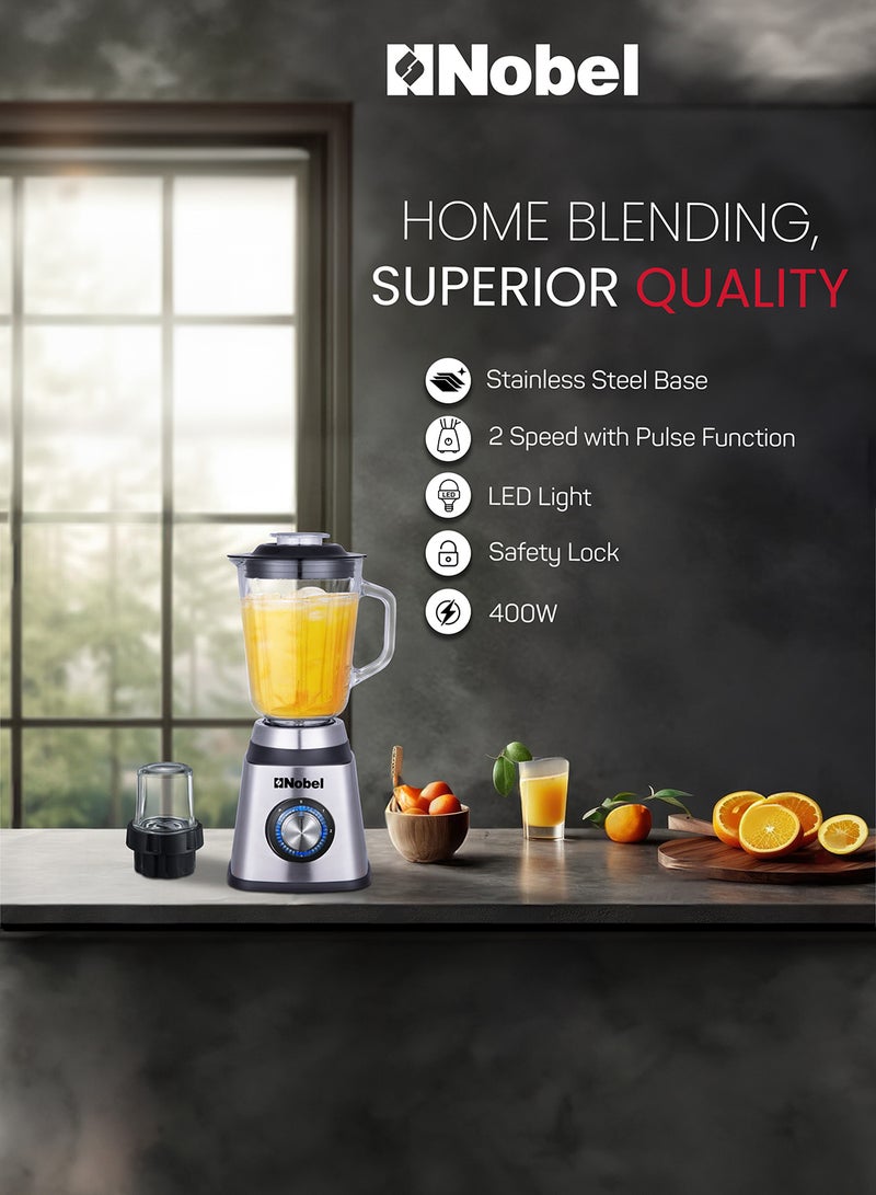 Nobel 2 in 1 Blender & Grinder, Stainless Steel Base, 1.5L Glass Jar & Grinder, 2 Speeds, Overheat Protection, LED Light, Powerful Motor 1.5 L 600 W NB515CRI Silver - Image 2