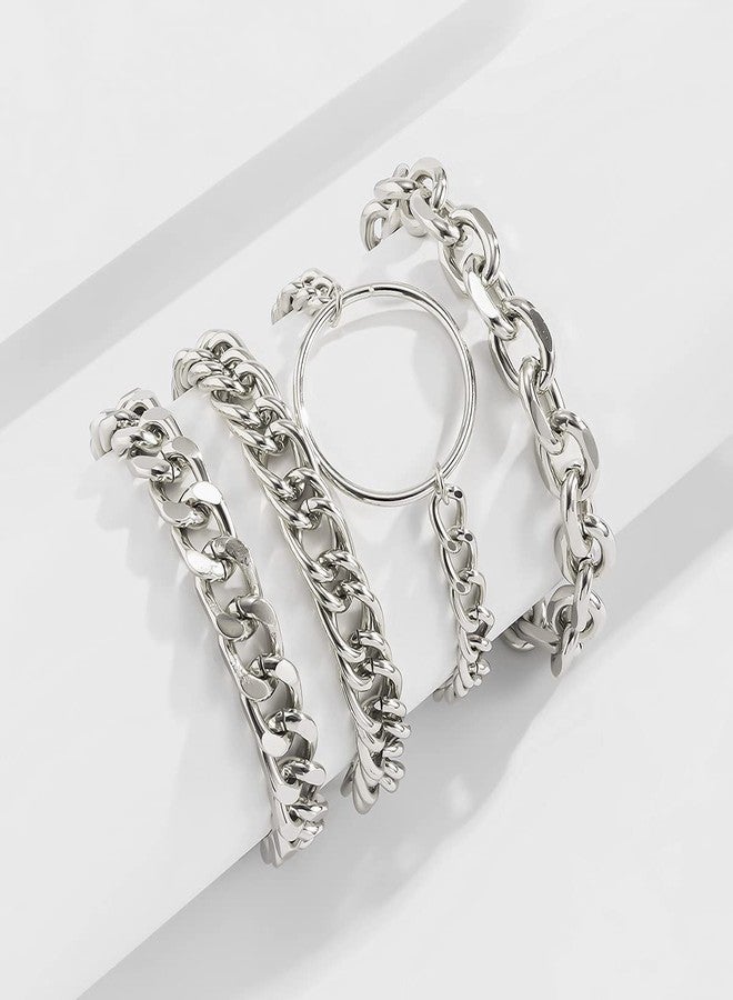 Asphire Punk Cuban Link Chain Bracelets set 4pcs Stacking Chunky Diamond-cut Chain Bangle Boho Wristband for Women (Silver) - Image 3