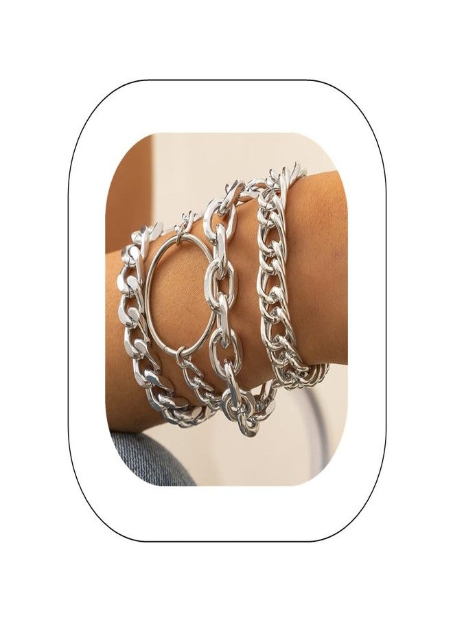 Asphire Punk Cuban Link Chain Bracelets set 4pcs Stacking Chunky Diamond-cut Chain Bangle Boho Wristband for Women (Silver) - Image 1