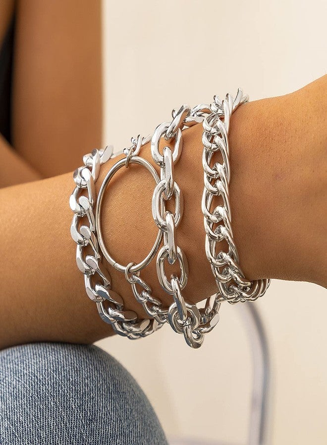 Asphire Punk Cuban Link Chain Bracelets set 4pcs Stacking Chunky Diamond-cut Chain Bangle Boho Wristband for Women (Silver) - Image 5