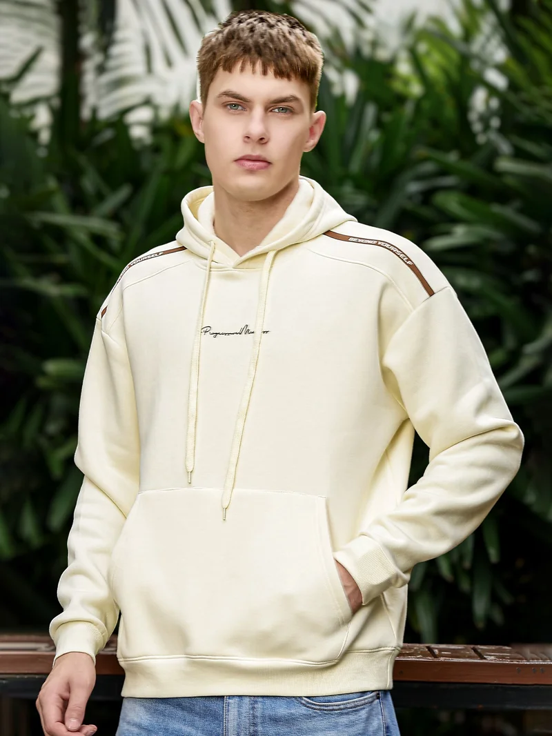 مانياك سترة بغطاء رأس صوفية رجالية بطبعة كاملة الأكمام بلون كريمي وبني