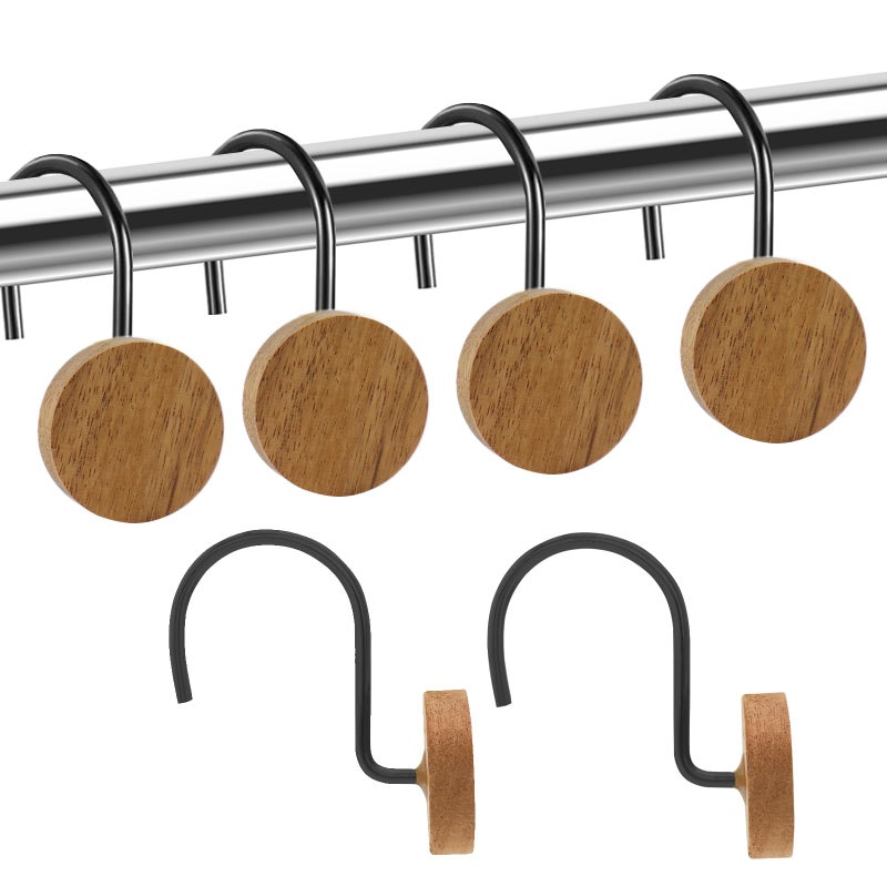 JTDTH Shower Curtain Hooks, Wood Decorative Shower Curtain Rings, Modern Round Log Shower Curtain Hangers, 12PCS Shower Hooks for Shower Curtain Rod, Bedroom, Living Room (Black) - Image 1