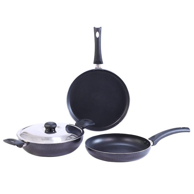PLATINUM PLUS NON-STICK COOKWARE SET OF 4|KADHAI WITH GLASS LID 24CM,FRY PAN 24CM&DOSA TAWA 25CM|COOL-TOUCH BAKELITE HANDLE|PURE GRADE ALUMINIUM|PFOA FREE|1 YEAR WARRANTY|BLACK