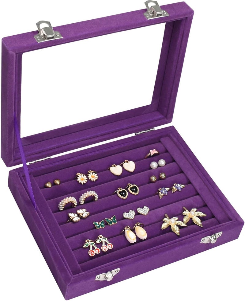 Vicoter Rings Organizer Tray 7 Slots Velvet Jewelry Earring Storage Box with Transparent lid Jewelry Display Case for Girls Wife Mom Women (Purple) - Image 1