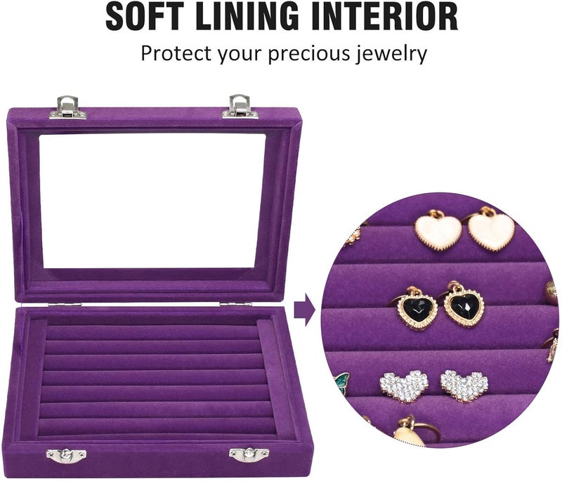 Vicoter Rings Organizer Tray 7 Slots Velvet Jewelry Earring Storage Box with Transparent lid Jewelry Display Case for Girls Wife Mom Women (Purple) - Image 3