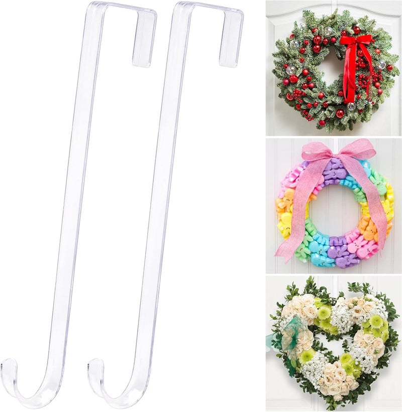 ZYSUN 15" Clear Wreath-Hanger Non Scratch Over The Door Hooks,2 Pack Wreath-Door-Hanger Easter Halloween Christmas Decoration,Welcome Sign for Front Door Décor Inside Outside,Slim Hangers Organizer for Home - Image 1