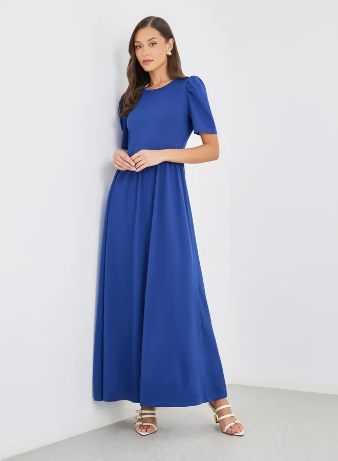ستايلي Styli Solid Puff Sleeves A-Line Maxi Dress with Gathers