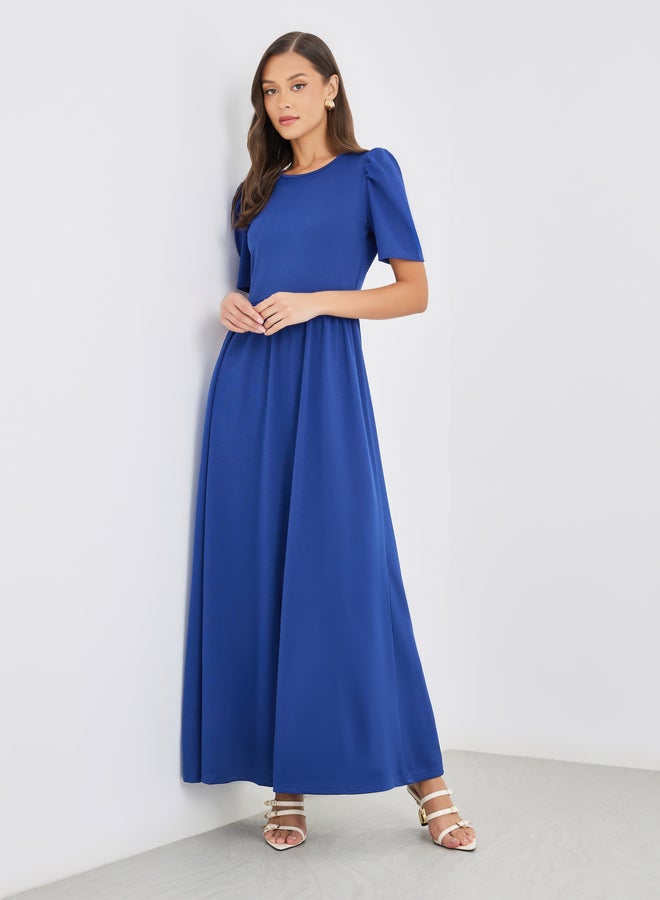 Styli Solid Puff Sleeves A-Line Maxi Dress with Gathers - Image 1