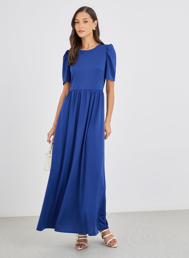 Styli Solid Puff Sleeves A-Line Maxi Dress with Gathers - Image 2
