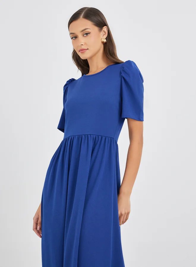 Styli Styli Solid Puff Sleeves A-Line Maxi Dress with Gathers