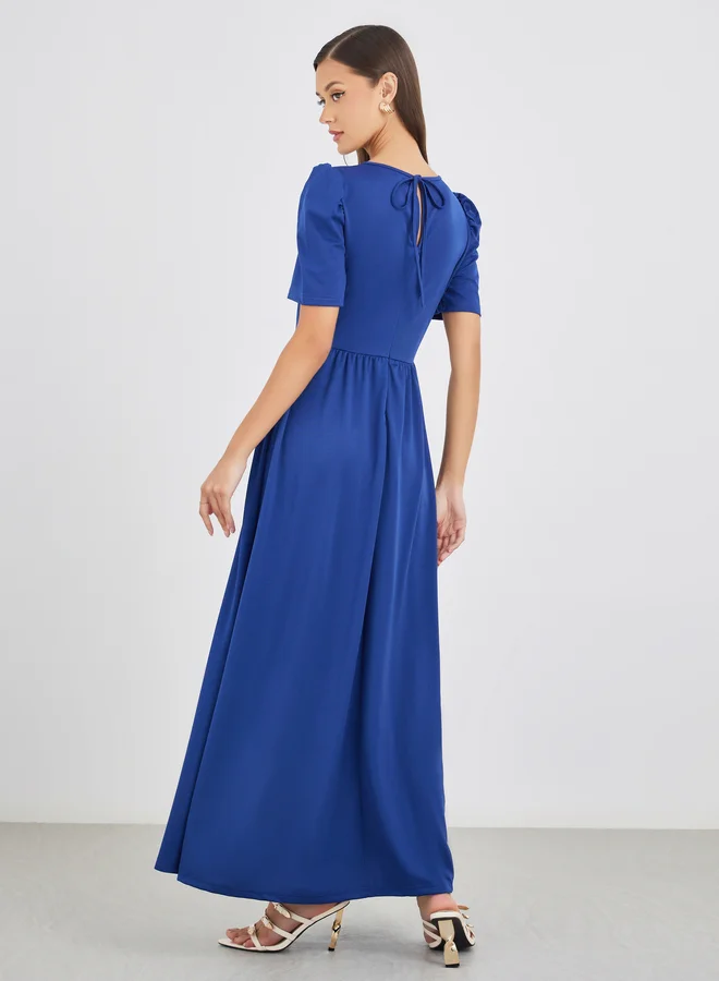 Styli Styli Solid Puff Sleeves A-Line Maxi Dress with Gathers