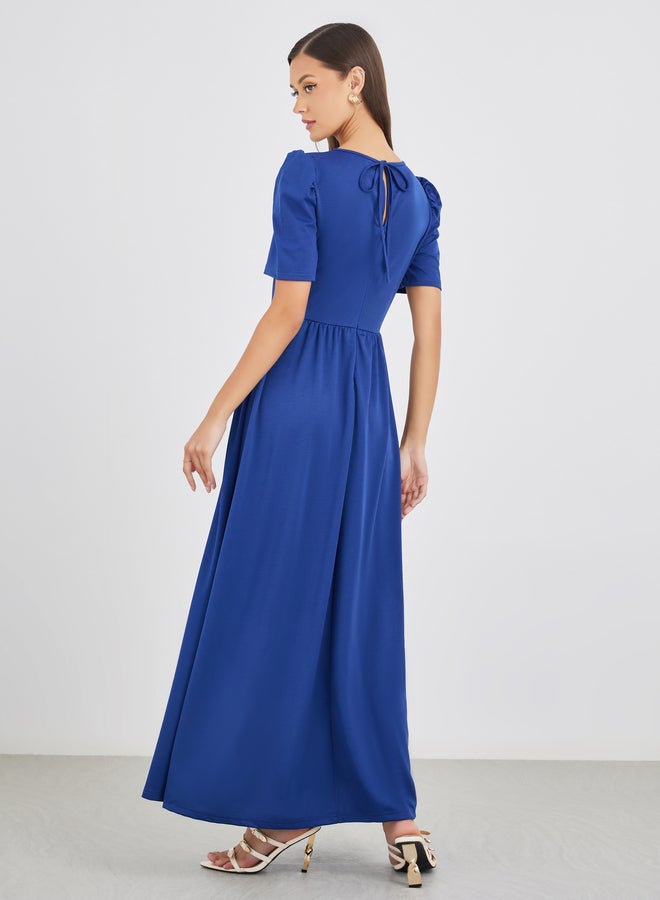 Styli Solid Puff Sleeves A-Line Maxi Dress with Gathers - Image 5