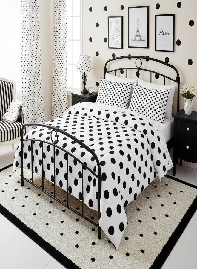 Man Fei Manfei Black Polka Dots Comforter Set Queen Size,French Style Dots Cartoon Cute Bedding Set 3 Pcs for Teens Adults,Geometric Circles Black White Simple Art Comforter,2 Pillowcases - Image 1