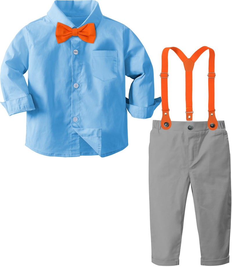 A&J DESIGN Baby Boys Halloween Outfit Toddler Suspender Dress Gentleman Suits with Orange Bow Tie 12-18 Months Blue Gray - Image 1