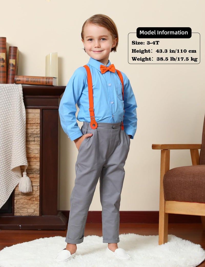 A&J DESIGN Baby Boys Halloween Outfit Toddler Suspender Dress Gentleman Suits with Orange Bow Tie 12-18 Months Blue Gray - Image 2