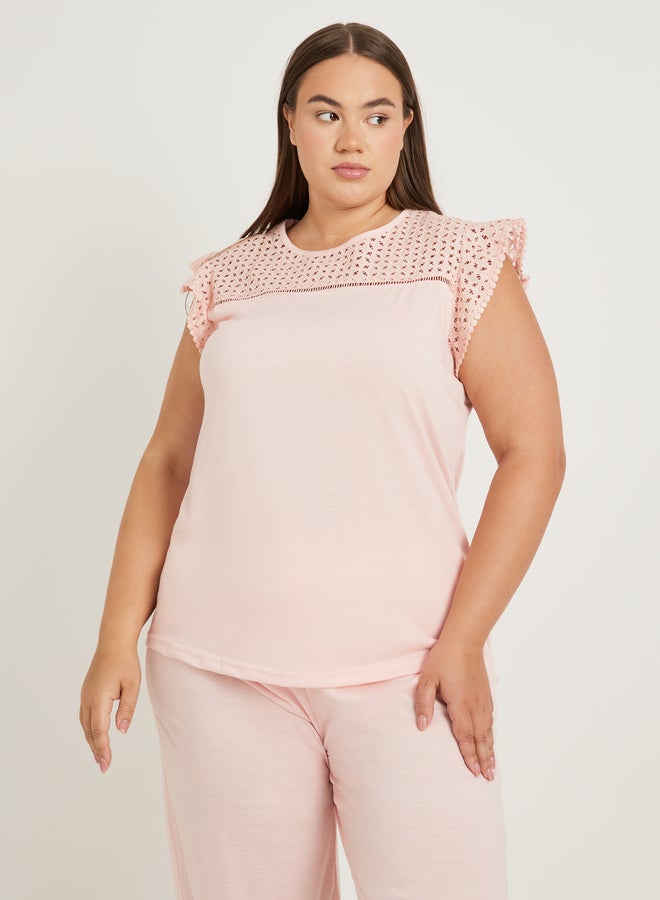 Styli Plus Size Schiffli Yoke Flat Pompom Detail Top and Pyjama Set - Image 3