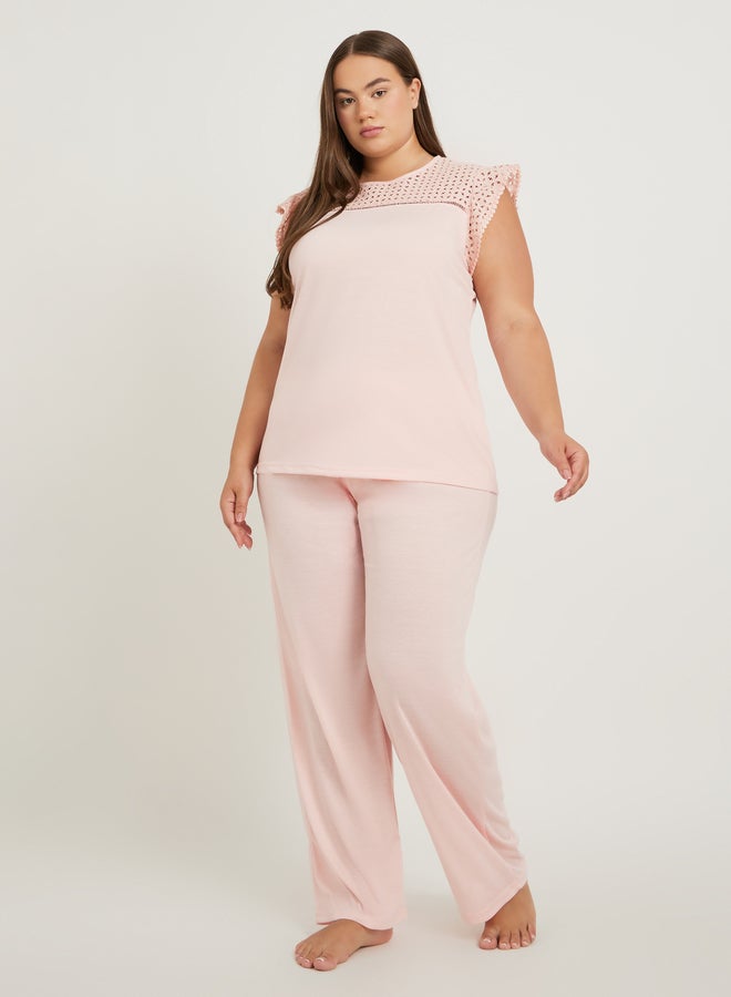 Styli Plus Size Schiffli Yoke Flat Pompom Detail Top and Pyjama Set - Image 1