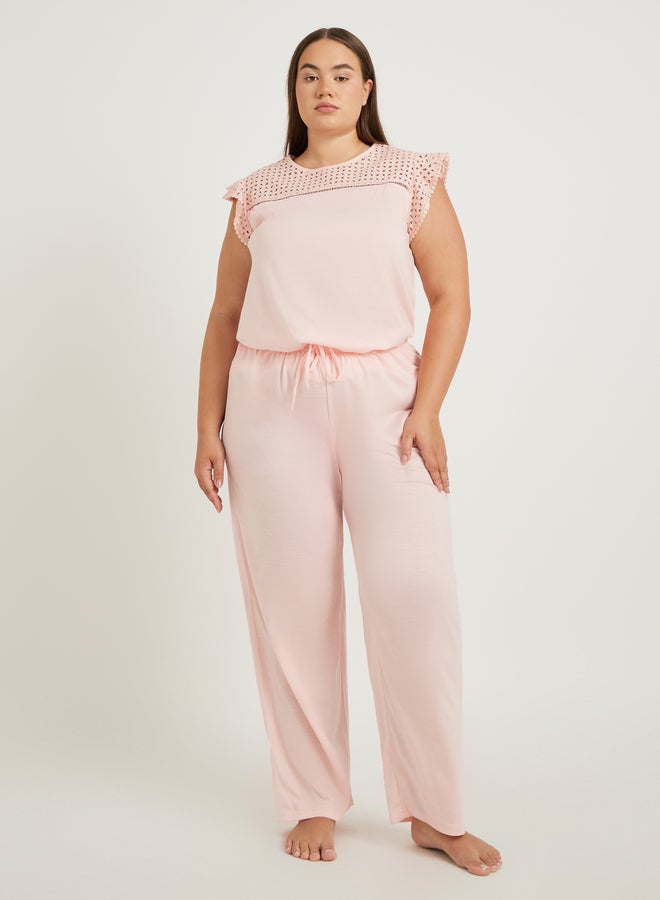 Styli Plus Size Schiffli Yoke Flat Pompom Detail Top and Pyjama Set - Image 2