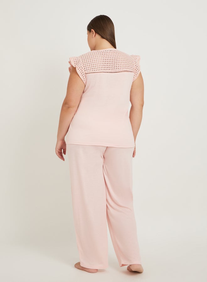 Styli Plus Size Schiffli Yoke Flat Pompom Detail Top and Pyjama Set - Image 5