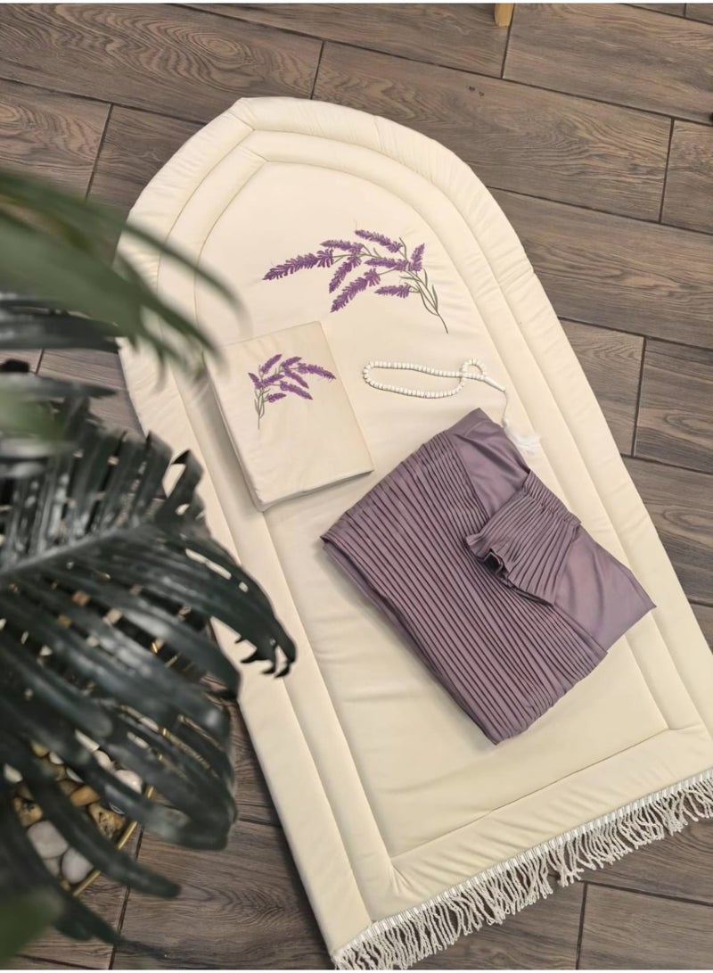 A distinctive and wonderful prayer set consisting of (a prayer rug embroidered with a lavender design and lined, a prayer dress with wonderful pleats, and a beaded rosary) - Image 5