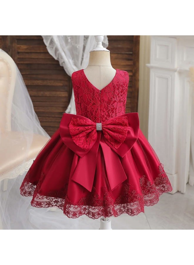 NNJXD Baby Girls Lace Dress Bowknot Flower Dresses Wedding Pageant Baptism Christening Tutu Gown Size (80) 6-12 Months #Red - Image 3