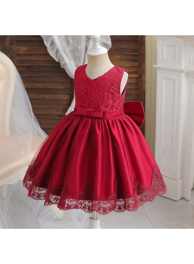 NNJXD Baby Girls Lace Dress Bowknot Flower Dresses Wedding Pageant Baptism Christening Tutu Gown Size (80) 6-12 Months #Red - Image 2