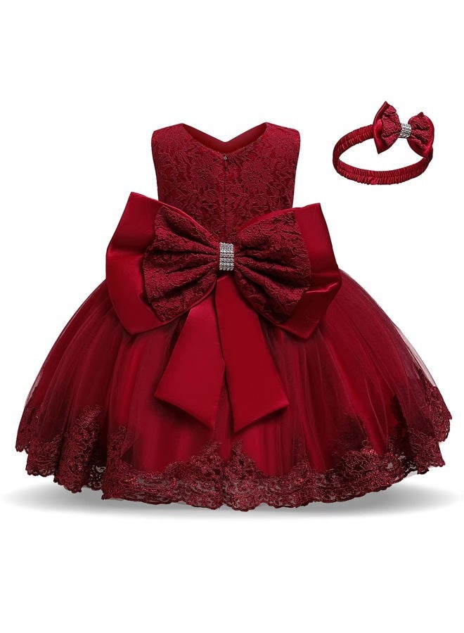 NNJXD Baby Girls Lace Dress Bowknot Flower Dresses Wedding Pageant Baptism Christening Tutu Gown Size (80) 6-12 Months #Red - Image 1
