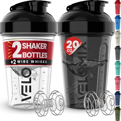 VELOMIX -2 Pack- 20 oz Protein Shaker Bottles for Protein Mixes - 2x Wire Whisk | Leak Proof Shaker Cups for Protein Shakes and Pre Workout | Protein Shaker Bottle Pack (Black/Transparent) - Image 1