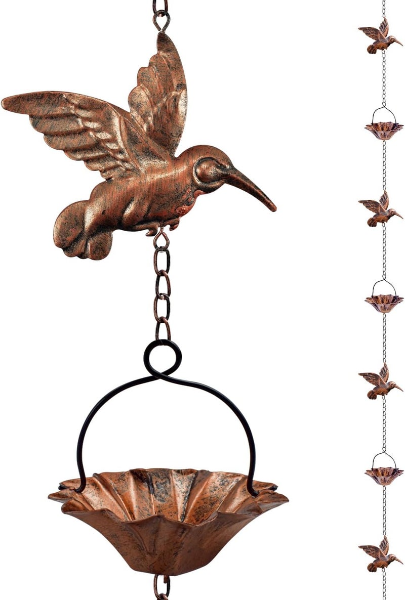 Finphoon 8.5Ft Copper Rain Chains for Gutters, Lotus Rain Catcher Chain for Gutters Outside with Adapter, Hummingbird and Cup Rain Chains for Gutters, Metal Rainwater Catcher Chain - Image 1