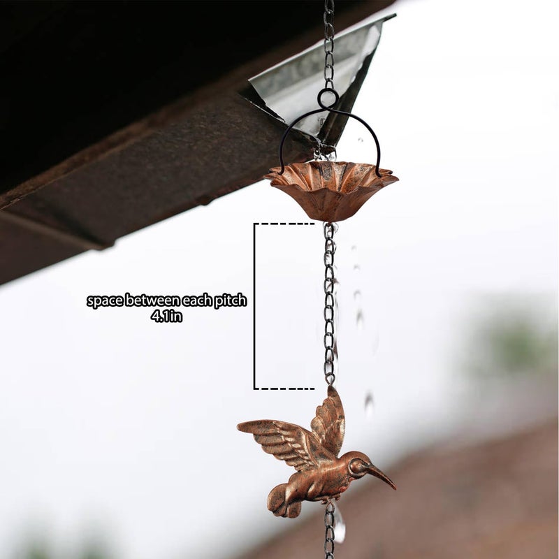 Finphoon 8.5Ft Copper Rain Chains for Gutters, Lotus Rain Catcher Chain for Gutters Outside with Adapter, Hummingbird and Cup Rain Chains for Gutters, Metal Rainwater Catcher Chain - Image 4