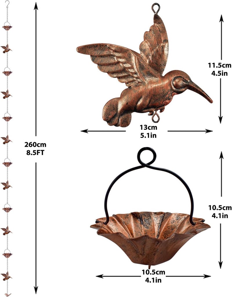 Finphoon 8.5Ft Copper Rain Chains for Gutters, Lotus Rain Catcher Chain for Gutters Outside with Adapter, Hummingbird and Cup Rain Chains for Gutters, Metal Rainwater Catcher Chain - Image 2