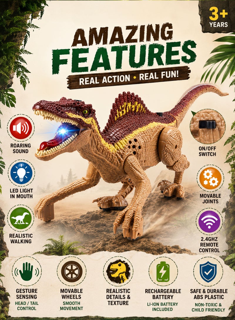FUNSTERZ Remote Control Spinosaurus Dinosaur Toy for Kids 3+ Years, 2.4GHz RC Walking Dinosaur Robot with Gesture Sensing Head & Tail Induction Control, Realistic Roar Sound, LED Mouth Light, Rechargeable Battery, USB Charging Cable, Movable Joints, Flexible Tail, Non-Slip Feet, Jurassic Dino Gift Toy for Boys & Girls - Image 3