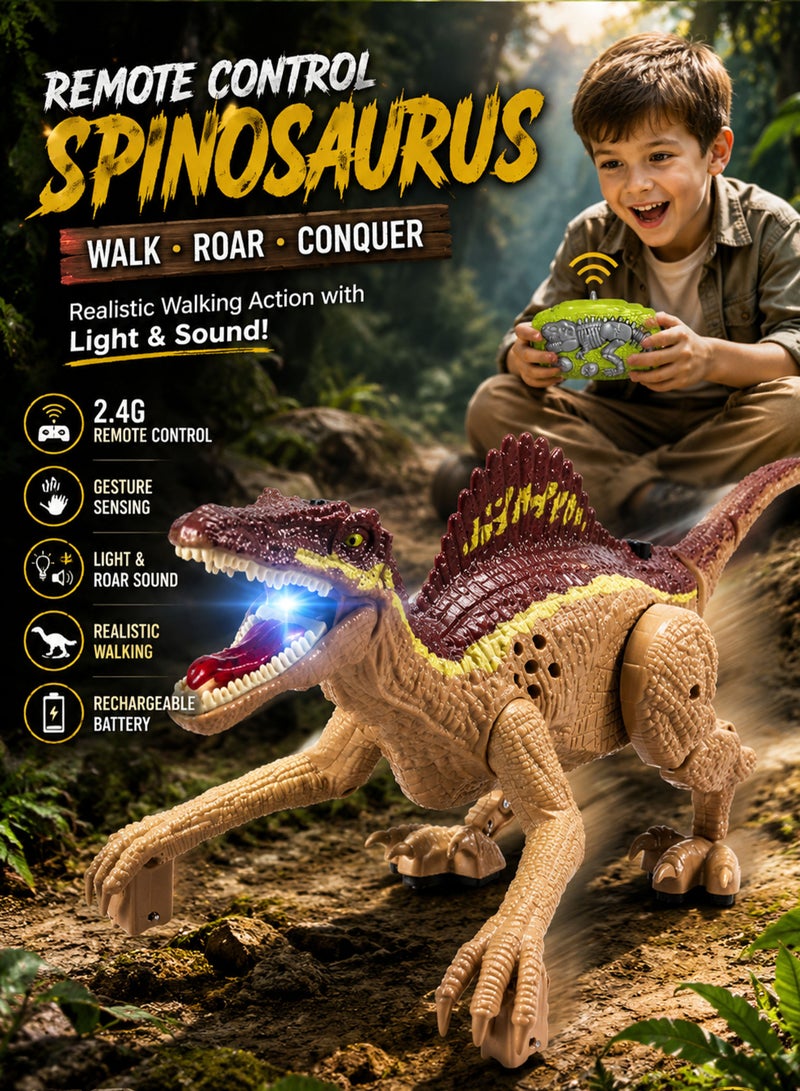 FUNSTERZ Remote Control Spinosaurus Dinosaur Toy for Kids 3+ Years, 2.4GHz RC Walking Dinosaur Robot with Gesture Sensing Head & Tail Induction Control, Realistic Roar Sound, LED Mouth Light, Rechargeable Battery, USB Charging Cable, Movable Joints, Flexible Tail, Non-Slip Feet, Jurassic Dino Gift Toy for Boys & Girls - Image 2