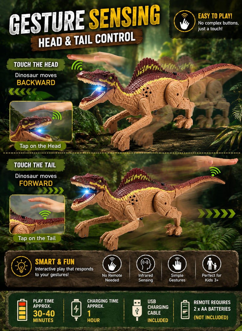 FUNSTERZ Remote Control Spinosaurus Dinosaur Toy for Kids 3+ Years, 2.4GHz RC Walking Dinosaur Robot with Gesture Sensing Head & Tail Induction Control, Realistic Roar Sound, LED Mouth Light, Rechargeable Battery, USB Charging Cable, Movable Joints, Flexible Tail, Non-Slip Feet, Jurassic Dino Gift Toy for Boys & Girls - Image 4