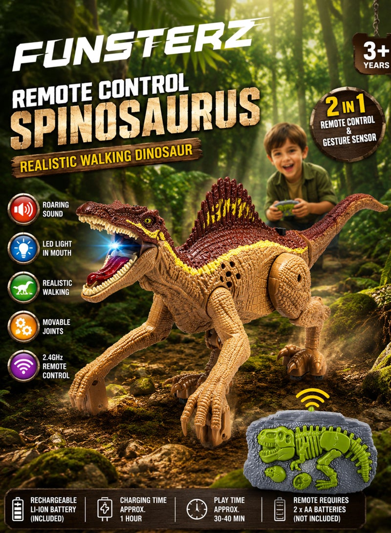 FUNSTERZ Remote Control Spinosaurus Dinosaur Toy for Kids 3+ Years, 2.4GHz RC Walking Dinosaur Robot with Gesture Sensing Head & Tail Induction Control, Realistic Roar Sound, LED Mouth Light, Rechargeable Battery, USB Charging Cable, Movable Joints, Flexible Tail, Non-Slip Feet, Jurassic Dino Gift Toy for Boys & Girls - Image 1