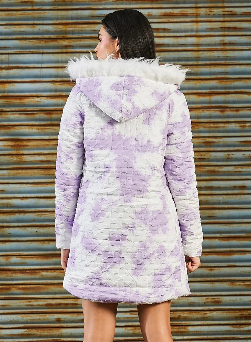 Pinacolada  Women's Powder White & Lilac Creased Tie-Dye Puffer Jacket for Women | Best Price UAE
