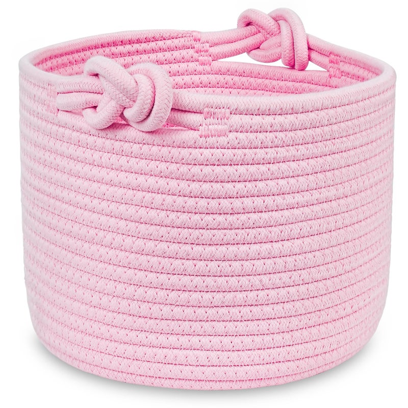 ABenkle Small Cotton Rope Shelf Storage Basket - Round Decorative Bin for Nursery, Bedroom, Bathroom - Cute Empty Gift Basket, Pink, 9.4" x 9.4" x 7.1" - Image 1