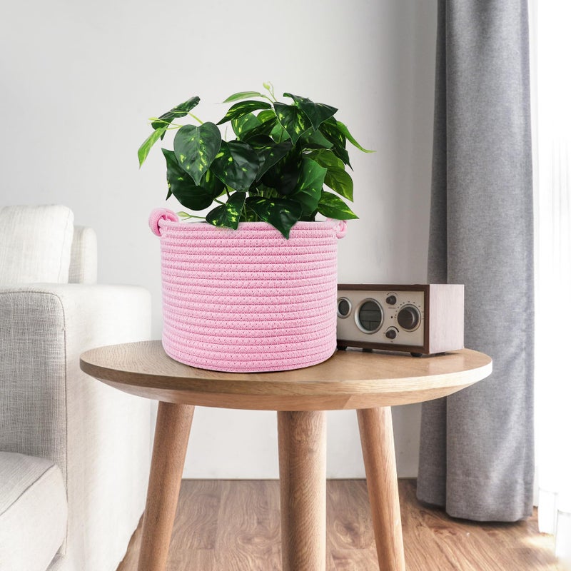 ABenkle Small Cotton Rope Shelf Storage Basket - Round Decorative Bin for Nursery, Bedroom, Bathroom - Cute Empty Gift Basket, Pink, 9.4" x 9.4" x 7.1" - Image 4