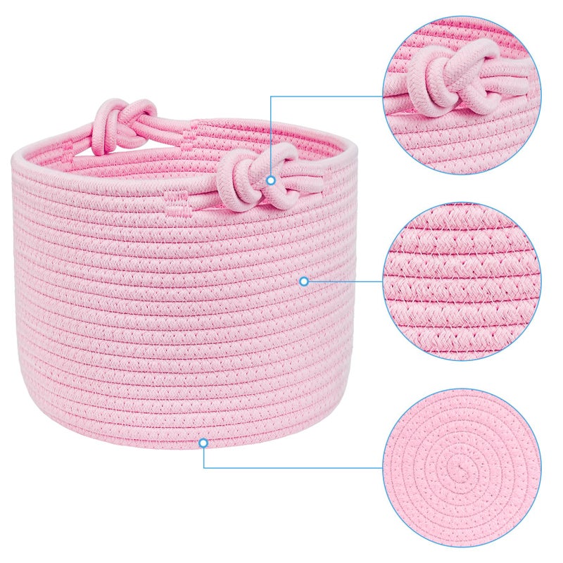 ABenkle Small Cotton Rope Shelf Storage Basket - Round Decorative Bin for Nursery, Bedroom, Bathroom - Cute Empty Gift Basket, Pink, 9.4" x 9.4" x 7.1" - Image 2