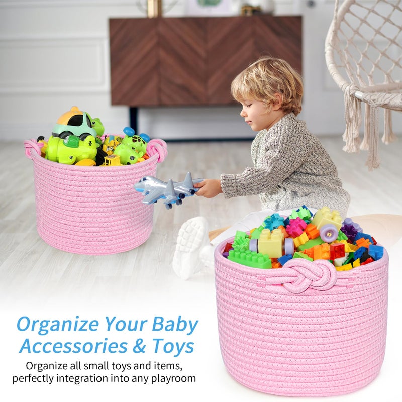 ABenkle Small Cotton Rope Shelf Storage Basket - Round Decorative Bin for Nursery, Bedroom, Bathroom - Cute Empty Gift Basket, Pink, 9.4" x 9.4" x 7.1" - Image 5