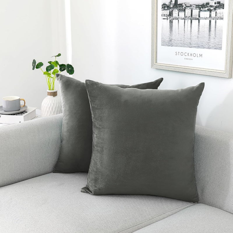 NiNi ALL Decorative Throw Pillow Covers Velvet 24x24 Inch Dark Grey Pack of 2 Cushion Covers Soft for Couch Sofa Bedroom Living Room Outdoor - Image 1