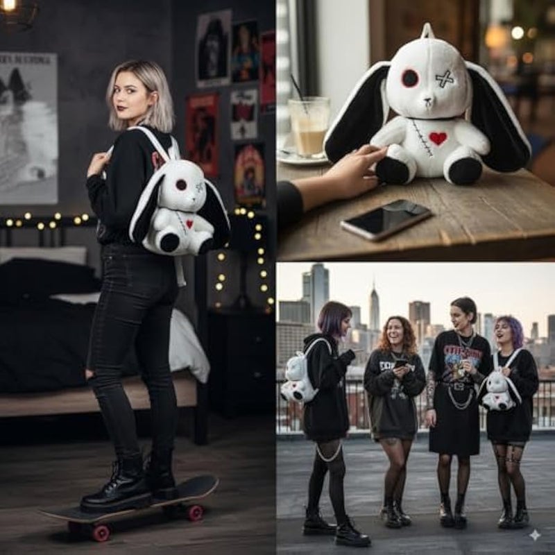 Plush Backpack Stuffed Animal for Teens Gothic Bunny Rabbit Bag with Cross Eyes Heart Patch Fits Daily Essentials - Image 3