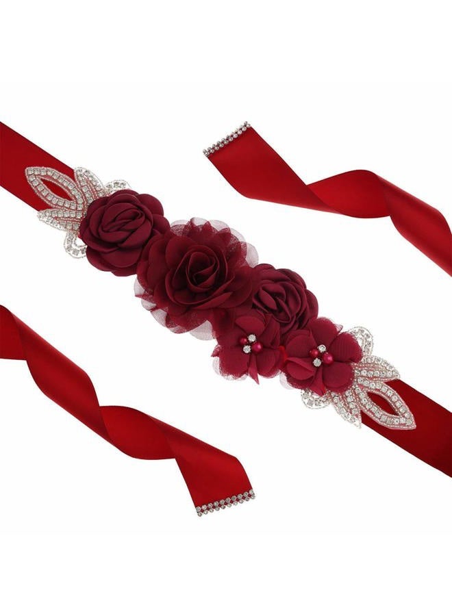 Lauthen.S Sash Belt with Flowers Pearls Rhinestone for Wedding Bride/Baby Shower Dress (One Size, Wine Red) - Image 2