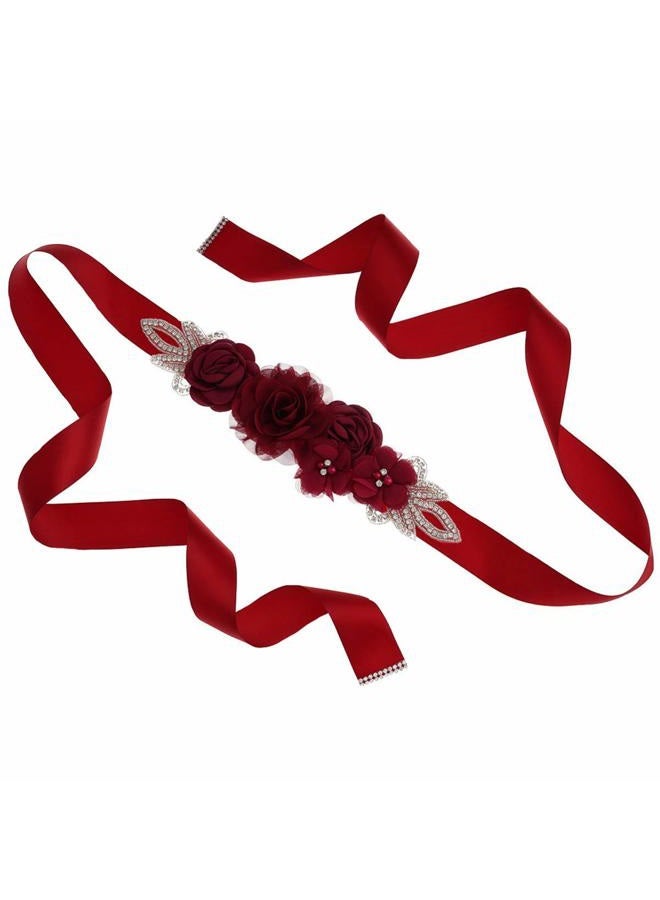 Lauthen.S Sash Belt with Flowers Pearls Rhinestone for Wedding Bride/Baby Shower Dress (One Size, Wine Red) - Image 3