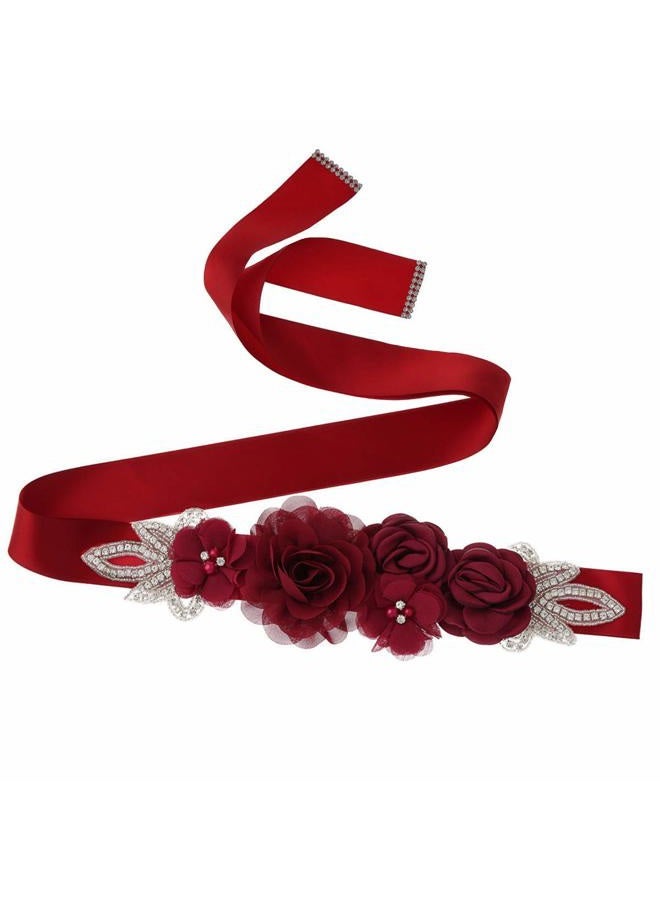 Lauthen.S Sash Belt with Flowers Pearls Rhinestone for Wedding Bride/Baby Shower Dress (One Size, Wine Red) - Image 1