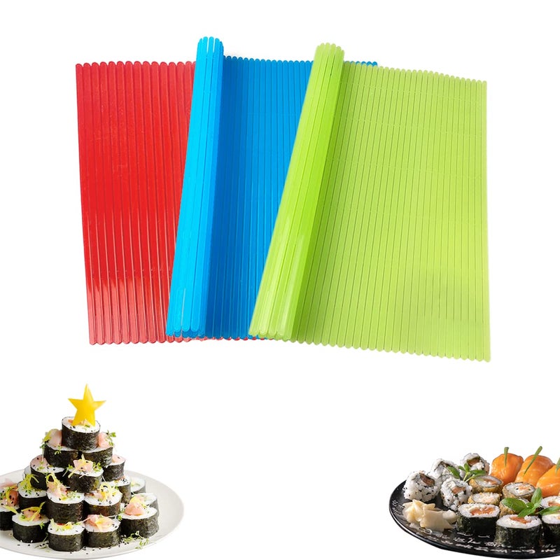 Esamploe 3 PCS Sushi Rolling Mat827in x 906in Sushi Mat PlasticNonStick Sushi Making MatRed Green and Blue Sushi MatsDurable Sushi Mat Roller for HomeMade DIY Sushi