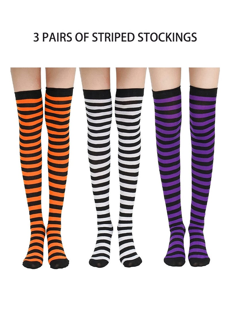 Geustos 3 Pairs of High Socks, High Socks Striped High Socks Over the Knee High Socks Over the Knee Stockings Witch Socks for Women Girls Holiday Cosplay Party Multi Piece - Image 1
