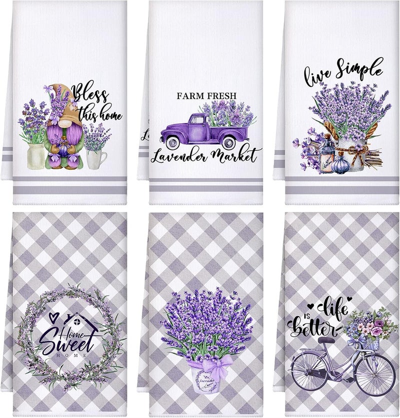 Boyiee Set of 6 Lavender Kitchen Towels Purple Floral Dishtowels Rustic Absorbent Purple Tea Hand Towels 24 x 16 Inches Lavender Lover Gifts for Farmhouse Kitchen Bathroom Accessories Decorations - Image 1